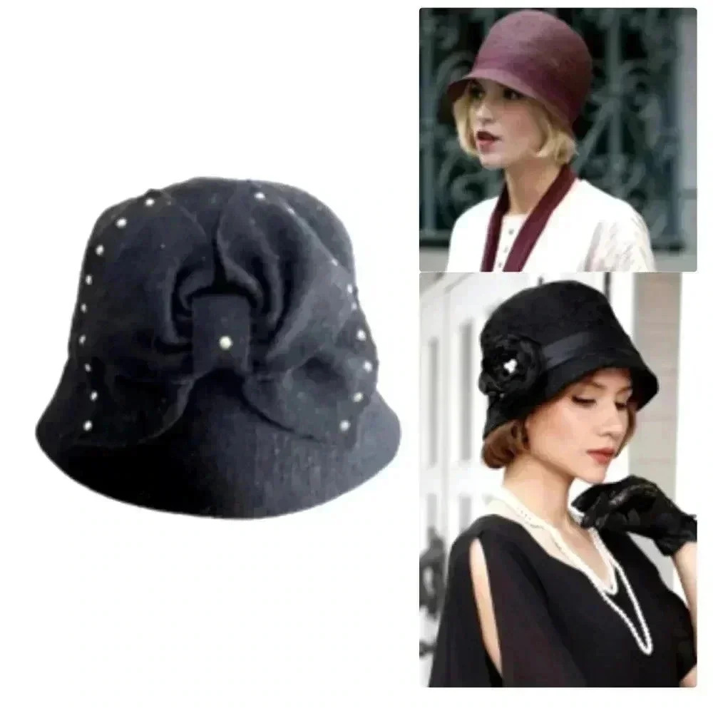 August‎ Cloche Black Wool Hat Oversized Studded Attached Bow